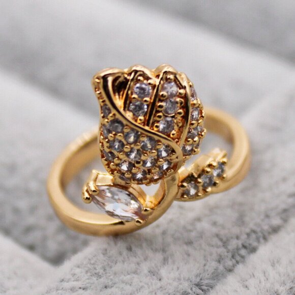 18K Yellow Gold Filled Carved Rose Flower Leaf Diamond Zircon Ring Gorgeous Gift - Picture 1 of 5